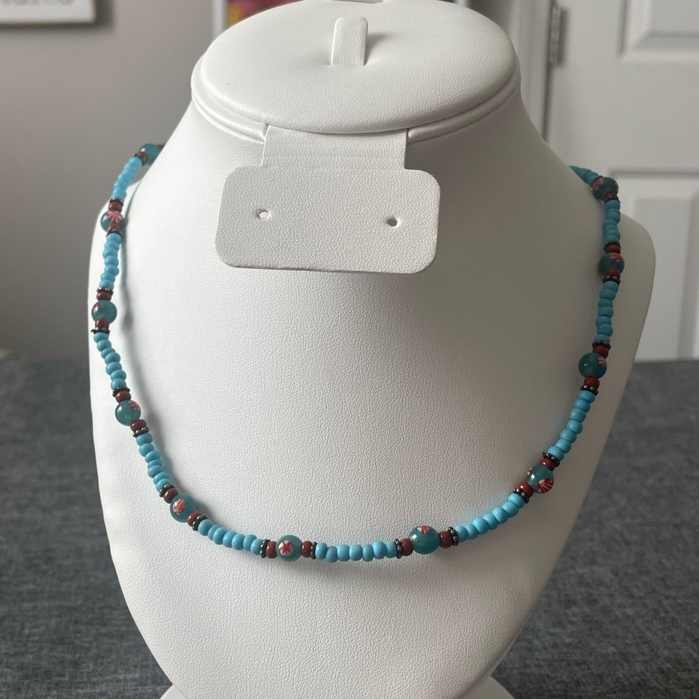 Handmade Beaded Accent Necklace - Turquoise & Rust Red Beads